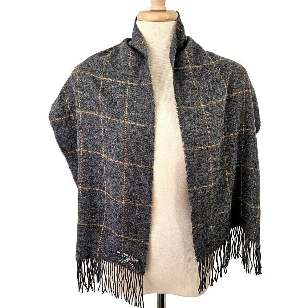 Geoffrey Beene VTG Cashme Oblong Scarf Unisex OS 100% Acrylic Gray Plaid Fringed